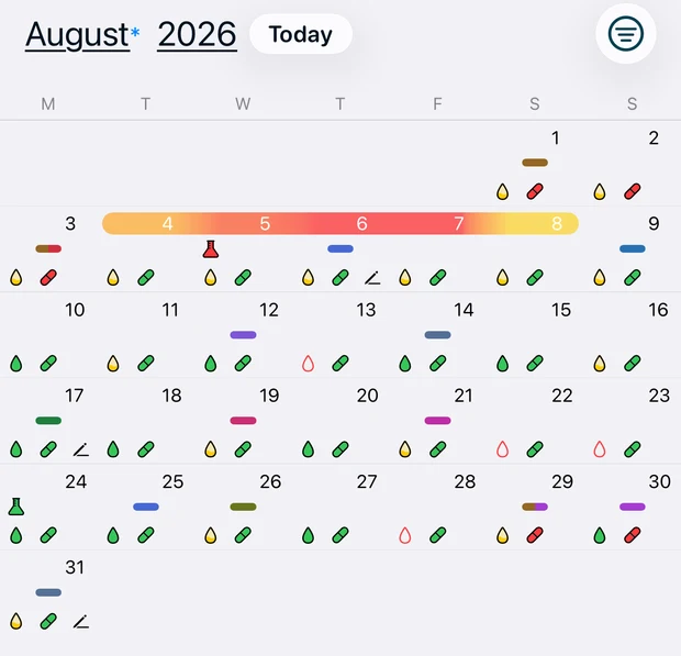 Full August calendar in light appearance, with the month and year selector above recorded flare, medication, water, test and tag markers.
